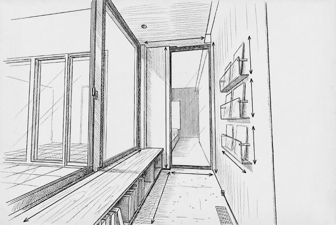 自邸エントリーウェイの設計パースと寸法