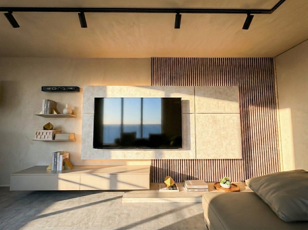 完成したベージュトーンの美しいメディアウォール。光と影が織りなす究極のラグジュアリーモダン空間の完成。