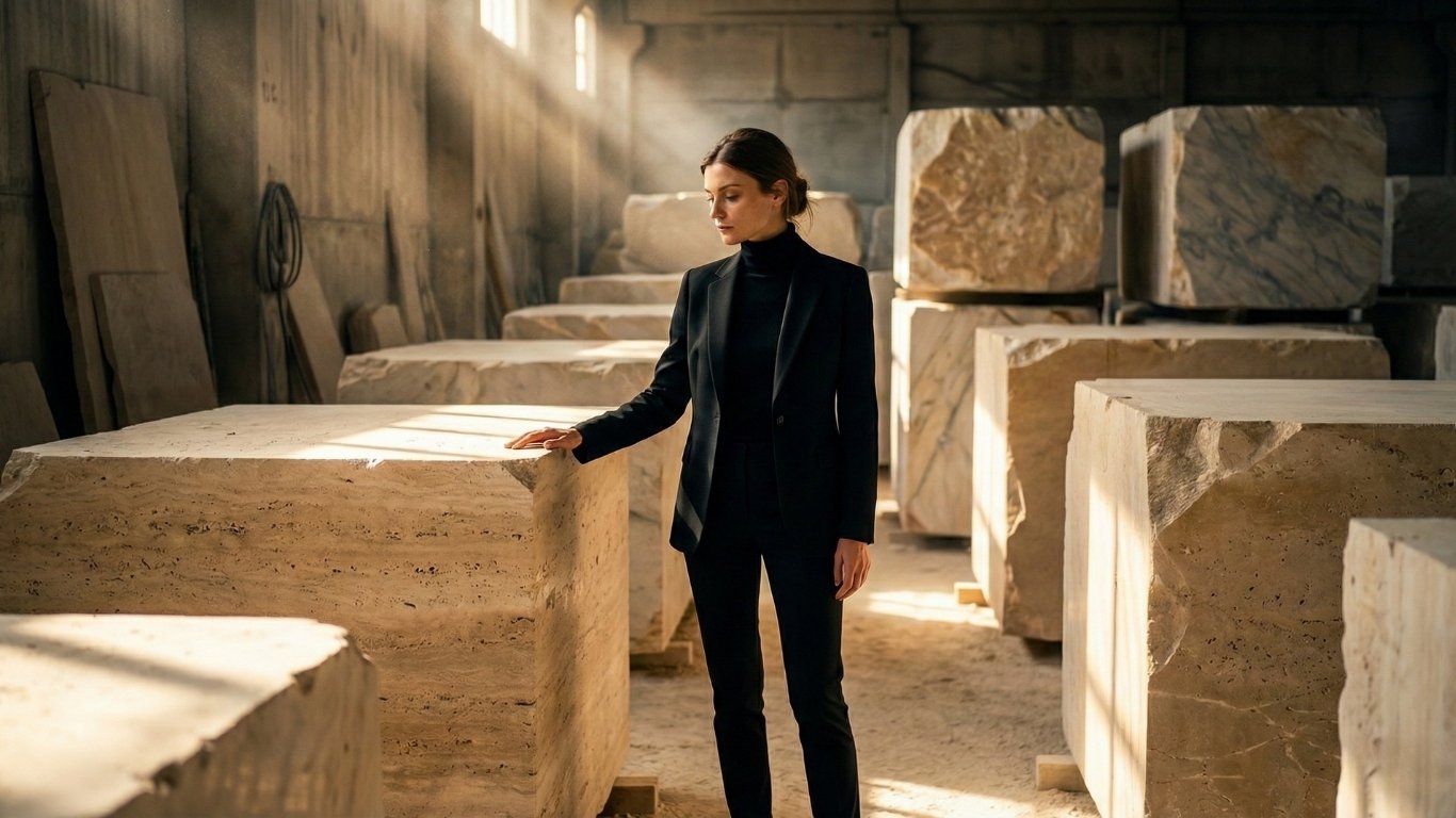 巨大な大理石の原石が並ぶ厳かな石材倉庫に佇む女性。本物の素材が持つ圧倒的な質感と、それを追い求めるストイックな姿勢を表現した1枚。