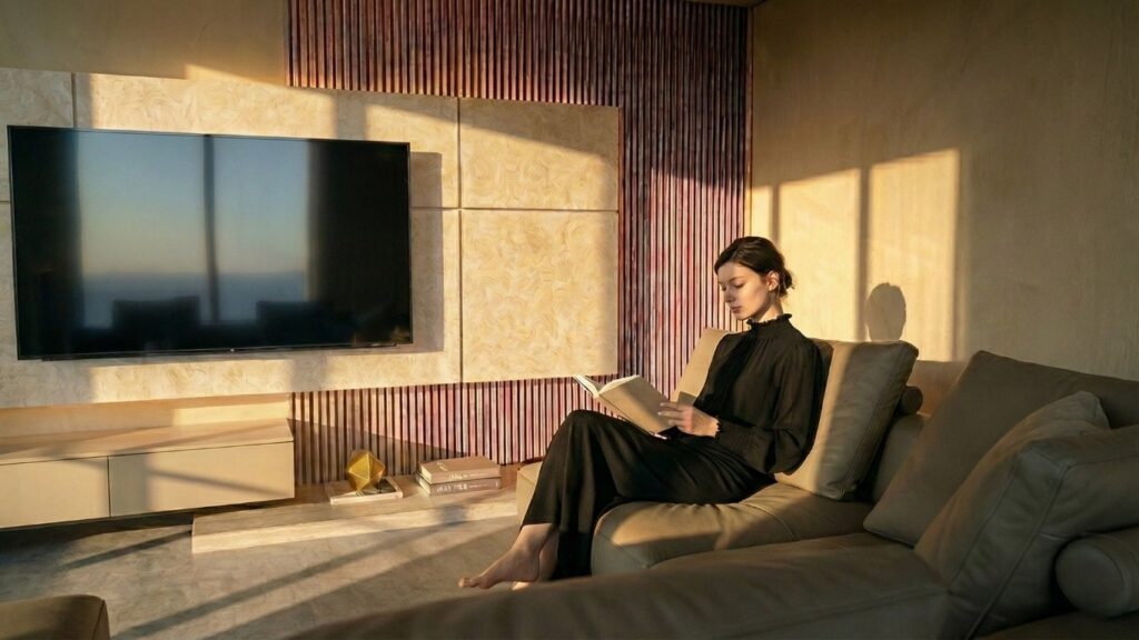 逆光が美しく差し込むラグジュアリーなモダンリビングで、巨大な石目調のTVウォールを見つめる女性。光と影のコントラストが強調されたドラマティックな空間デザイン。