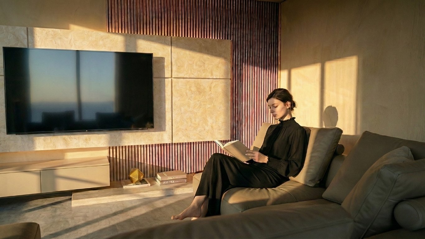 逆光が美しく差し込むラグジュアリーなモダンリビングで、巨大な石目調のTVウォールを見つめる女性。光と影のコントラストが強調されたドラマティックな空間デザイン。