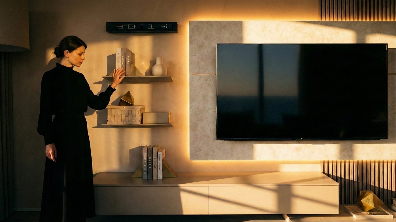 暗闇の中に鋭く浮かび上がるTVウォールの光のライン。ピンホイール配置によって四隅までシームレスに繋がった間接照明が、空間に深い奥行きと陰影を与える様子。