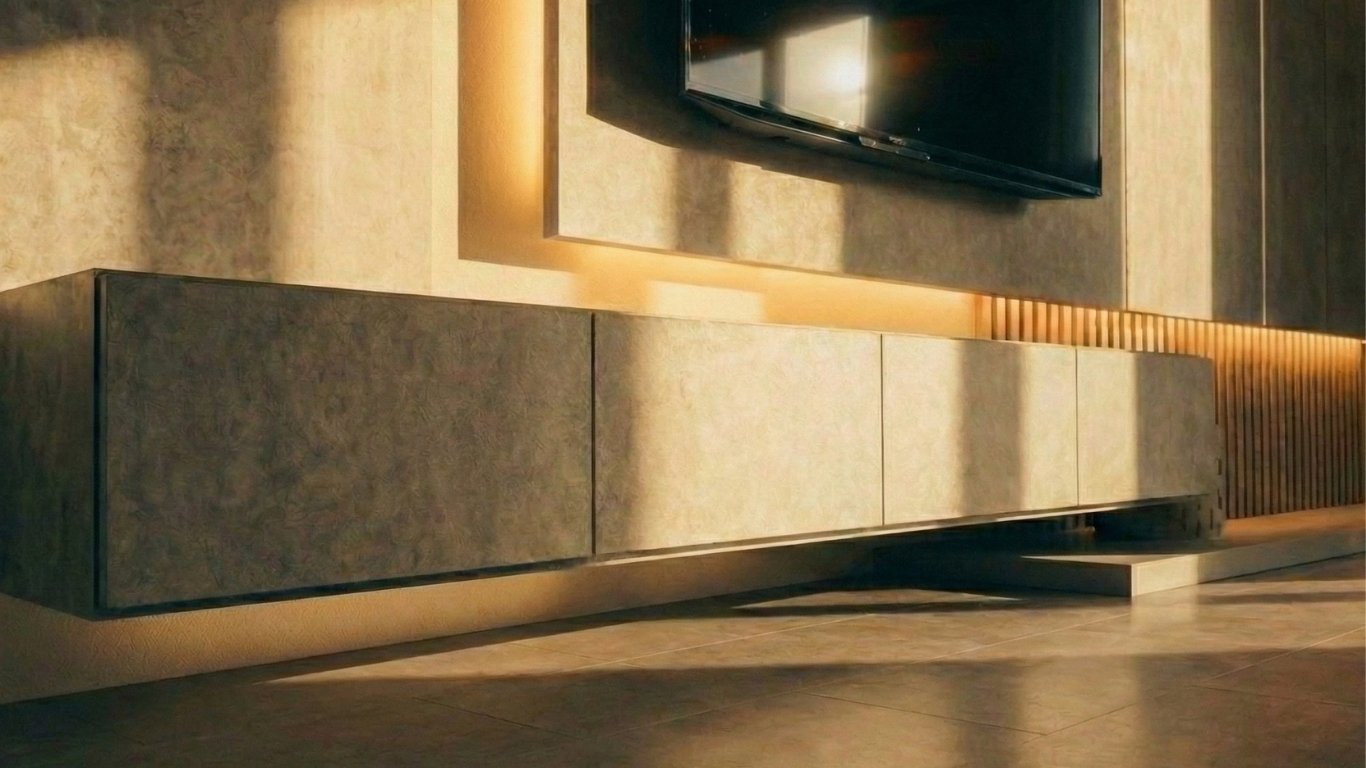 ミニマルに洗練された日本の既製品キャビネットが、完璧なラインで壁面に浮遊する様子。無駄を削ぎ落とした工業製品の美しさと静寂な空間。