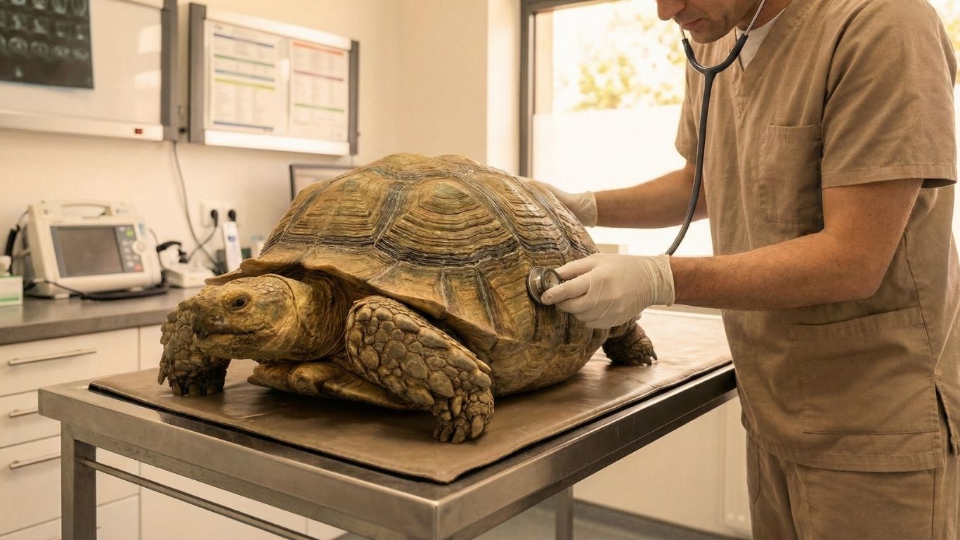 住宅の資産価値とリスクを診断するメタファーとして、専門家がゾウガメに聴診器を当てる様子