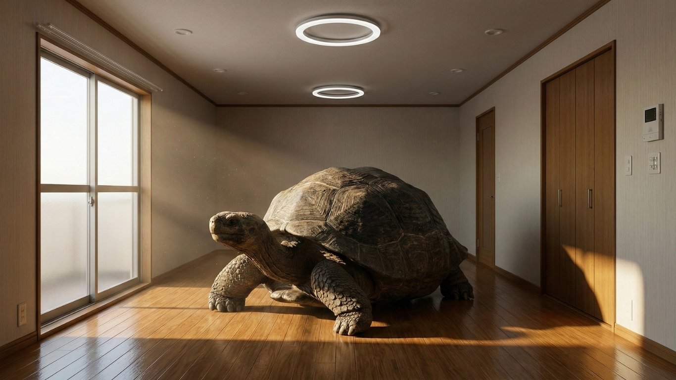 資産価値の低い日本の一般的住宅（ビニールクロス・合板床）の閉塞感を表す、窮屈そうなゾウガメ