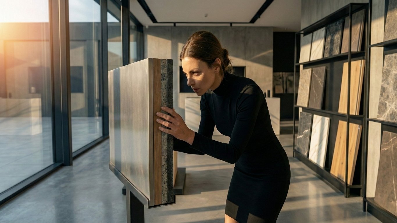 建材パネルの断面（小口）を鋭い眼差しで検証する女性。建築的なノイズを排除し、完璧なディテールを追求するプロフェッショナルな空間把握の瞬間。