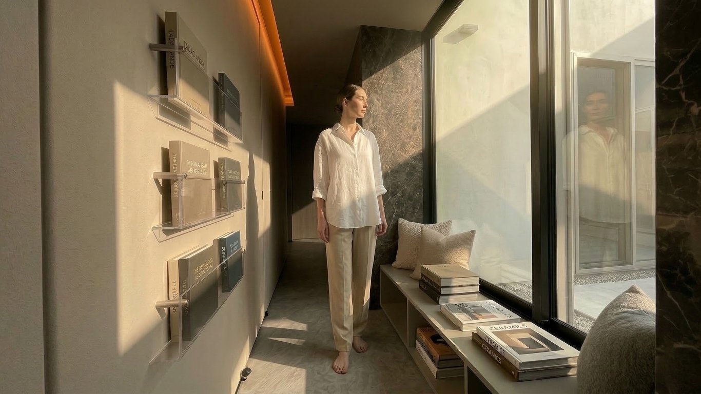 壁面に浮遊するように設置されたアクリルシェルフ。透明な素材が連続する平面を阻害せず、光の軌道をそのまま透過させる