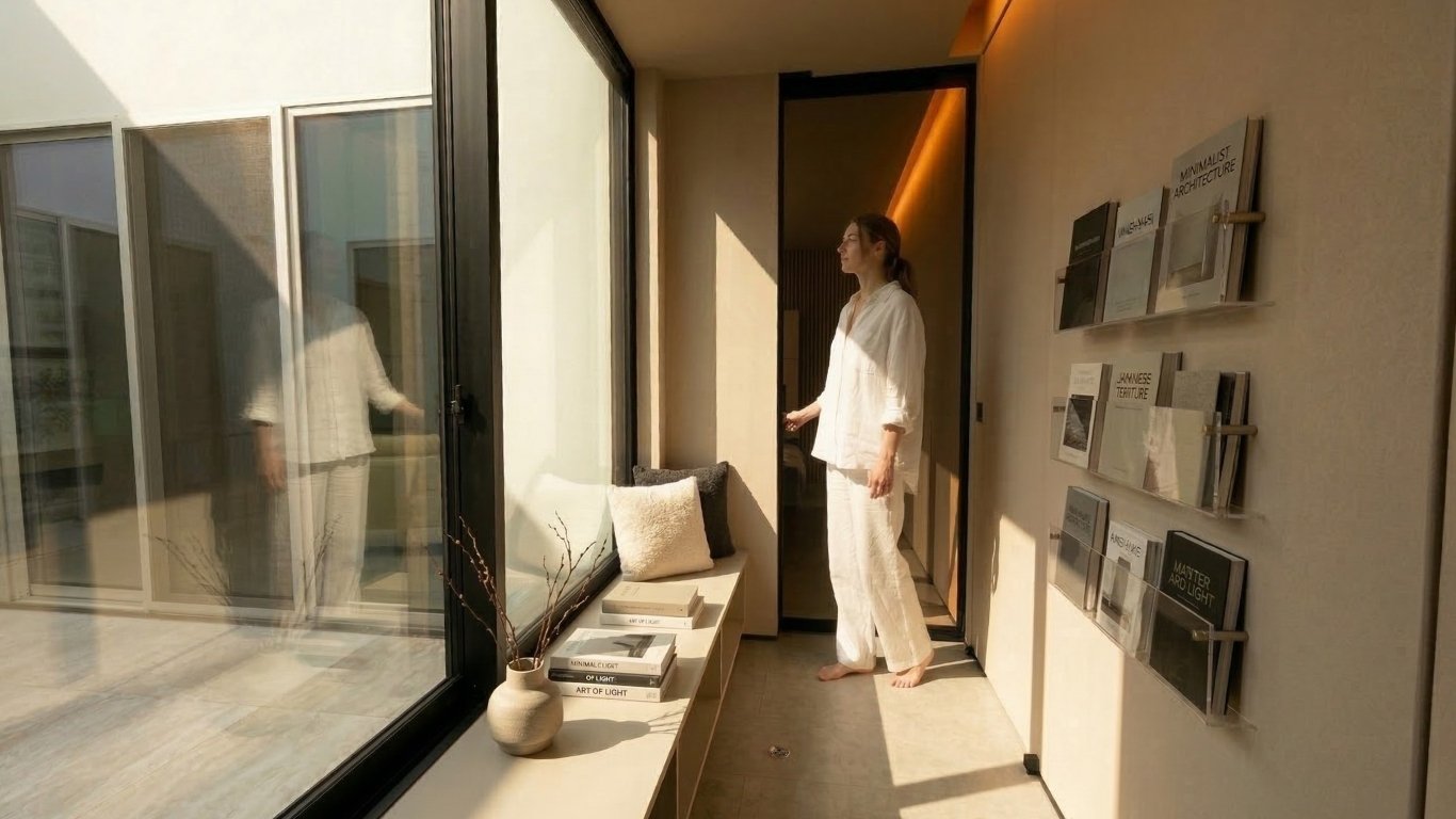 中庭からの自然光が溢れる開放的な廊下で、壁と完全にフラットに納まったドアのプッシュプルハンドルに手を掛ける様子
