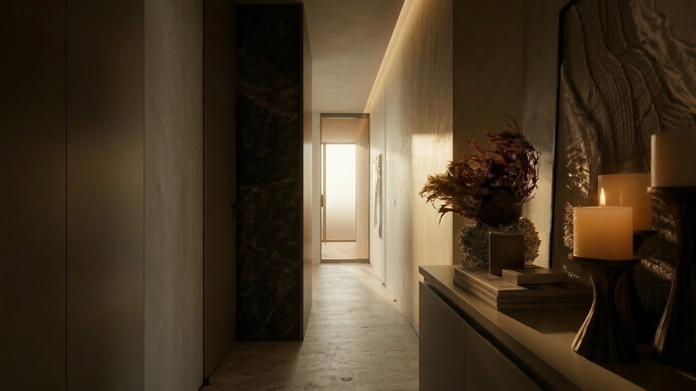 重厚なラミナムの壁とコンソール上のキャンドルが、静謐なホテルのようなシークエンスを演出するエントリーウェイ