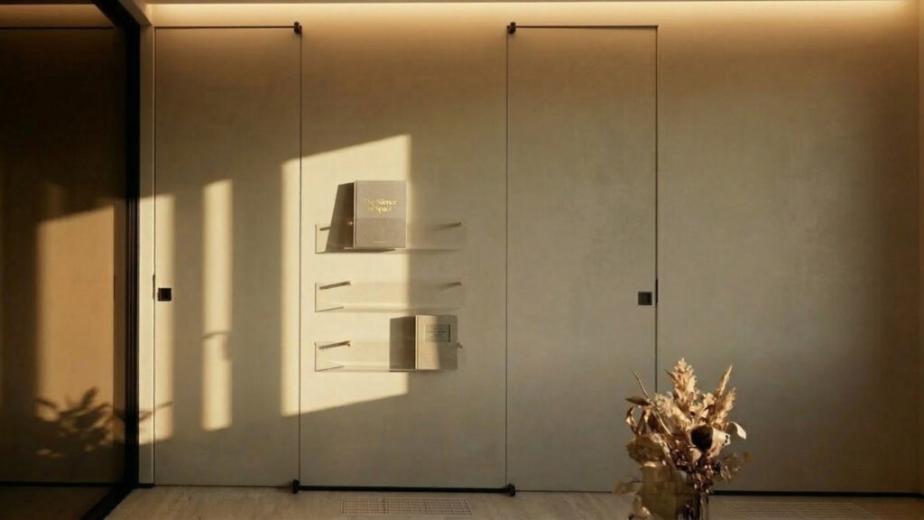 「天井まで連続するフラットな面構成を持つフルハイトドアと、壁面に設置された透明なアクリルシェルフ。夕刻の斜光がミニマルなテクスチャを強調するリビング空間の建築意匠。」