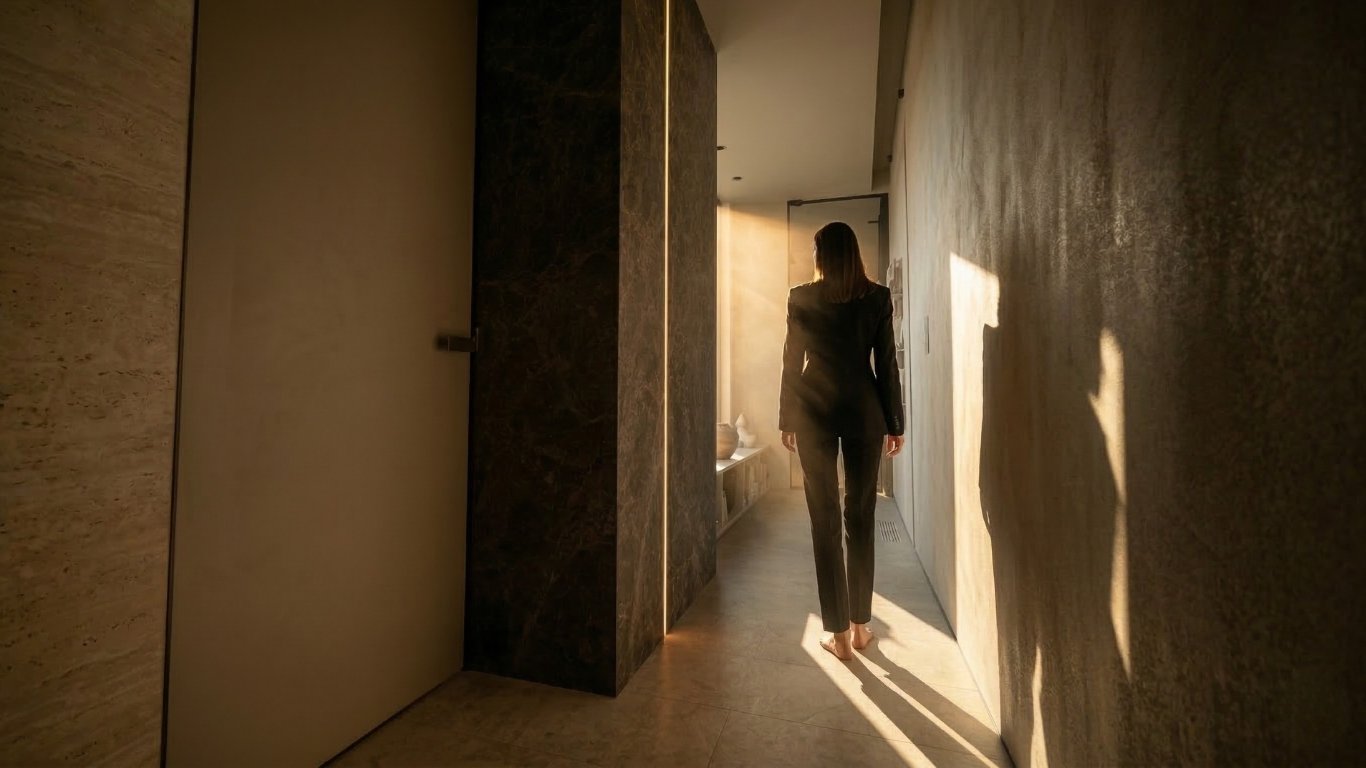 シャープなスリット光を放つ大理石の柱と、その光を歪みなく受け止めるフラットな壁面のテクスチャ