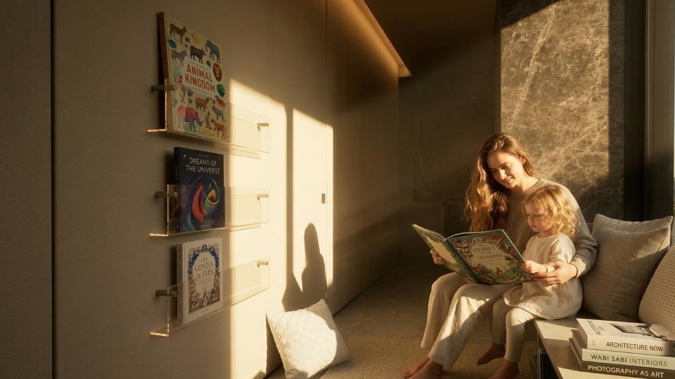 柔らかな斜光が差し込むヌックで、アクリルシェルフを背景に読書を楽しむ親子の情景