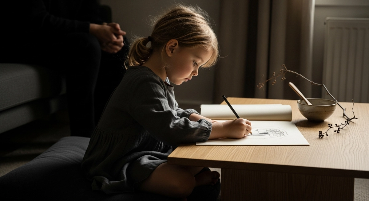 低いテーブルで作業する子—食卓機能が別の場所で受け持たれる