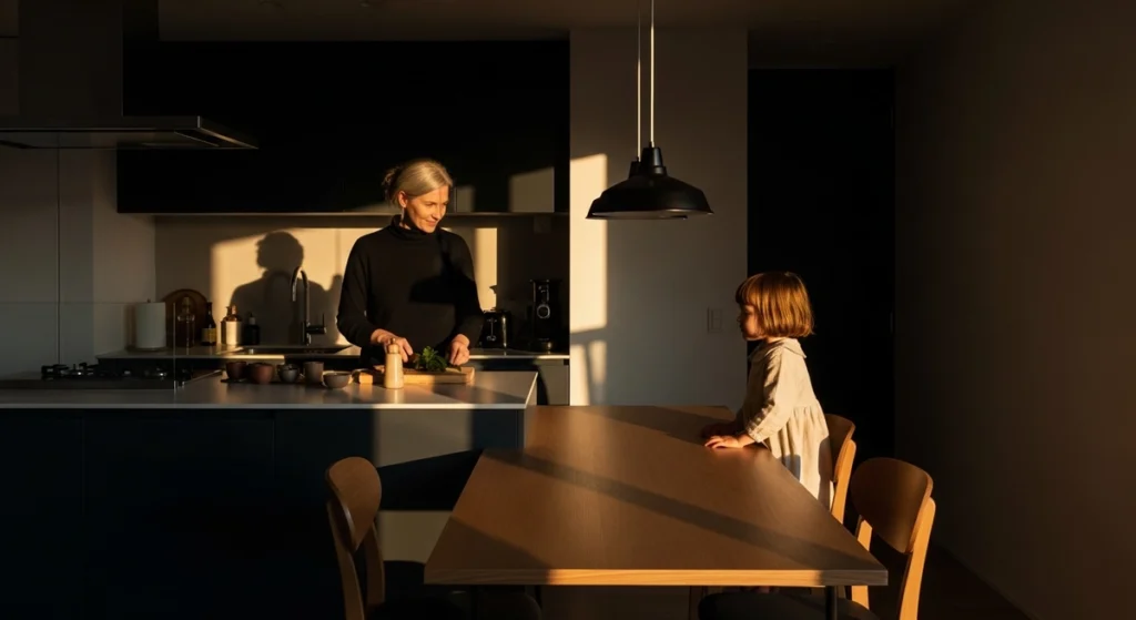 キッチンとダイニングが一体化した空間の hero — 母と娘の営み