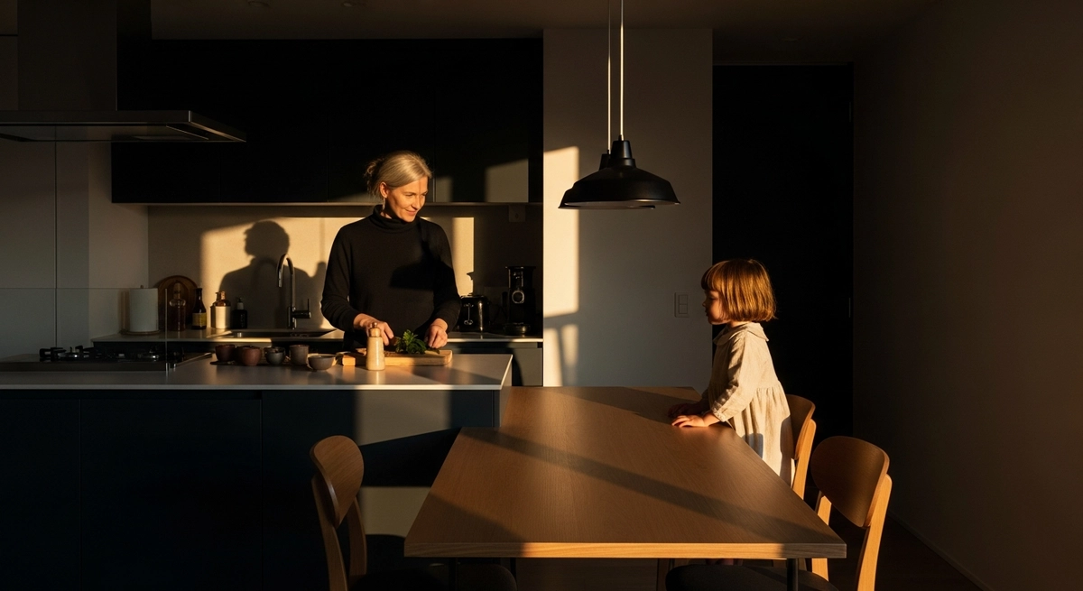 キッチンとダイニングが一体化した空間の hero — 母と娘の営み
