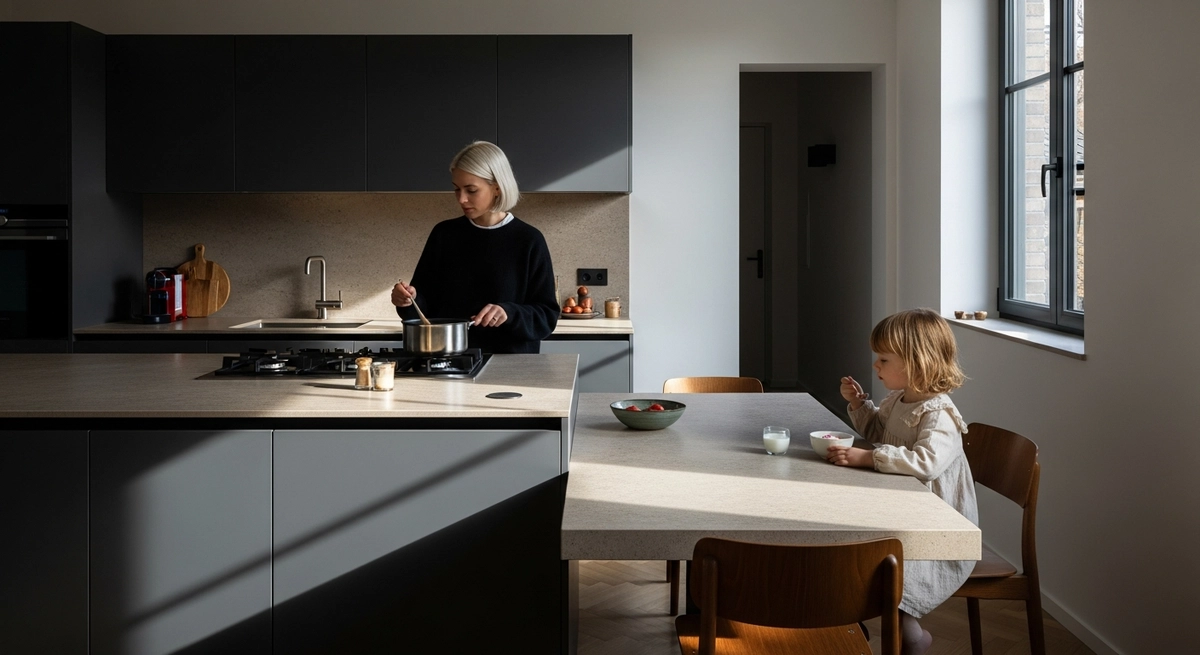 キッチンから続く4人掛けダイニング—一体型レイアウトの営み