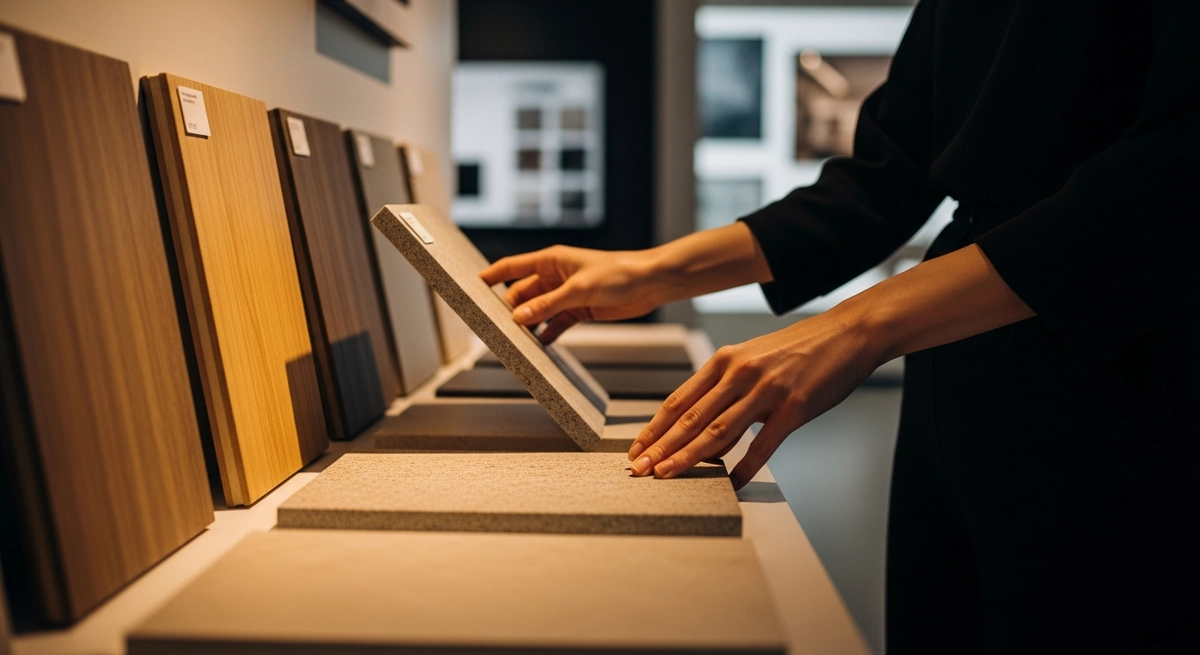 素材サンプルや寸法を現物確認する場面