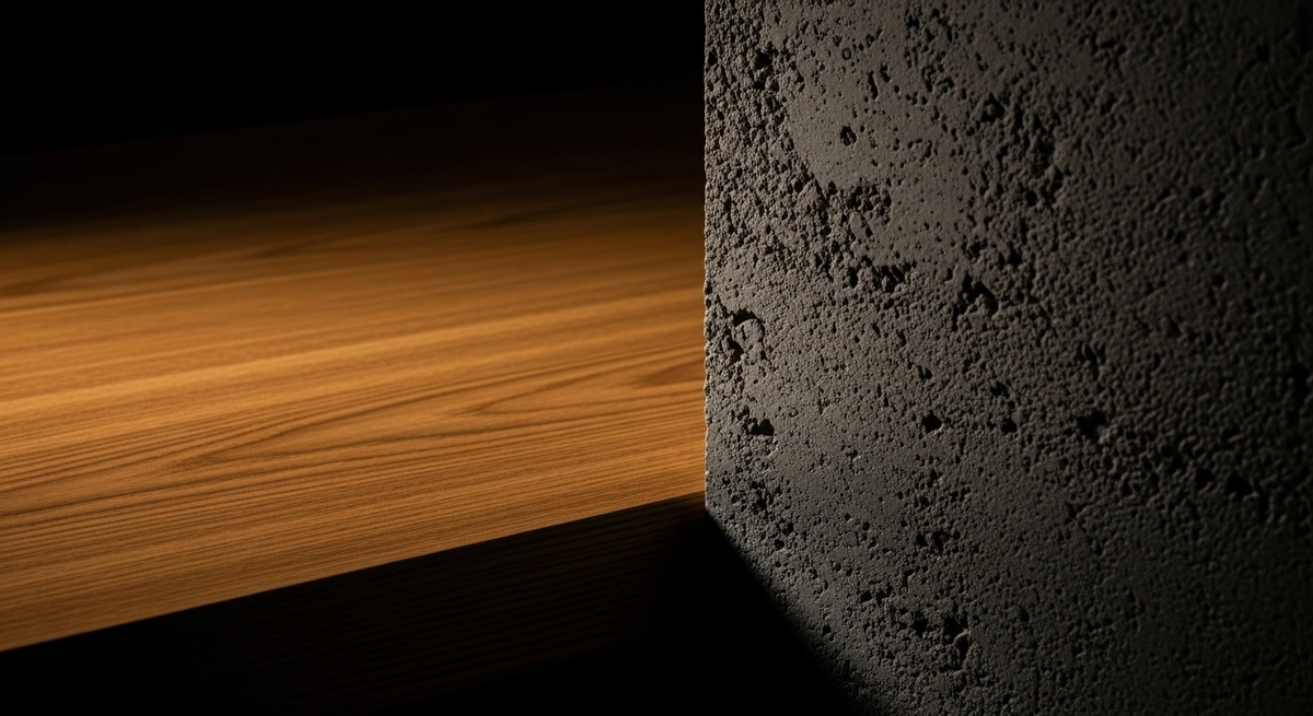 コンクリート調の壁面と木目の天板が対比される構図