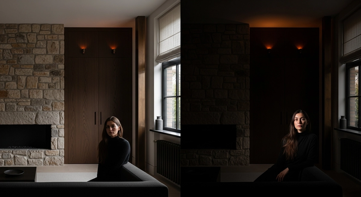 昼と夜で間接照明の効き方が変わることを設計に入れる