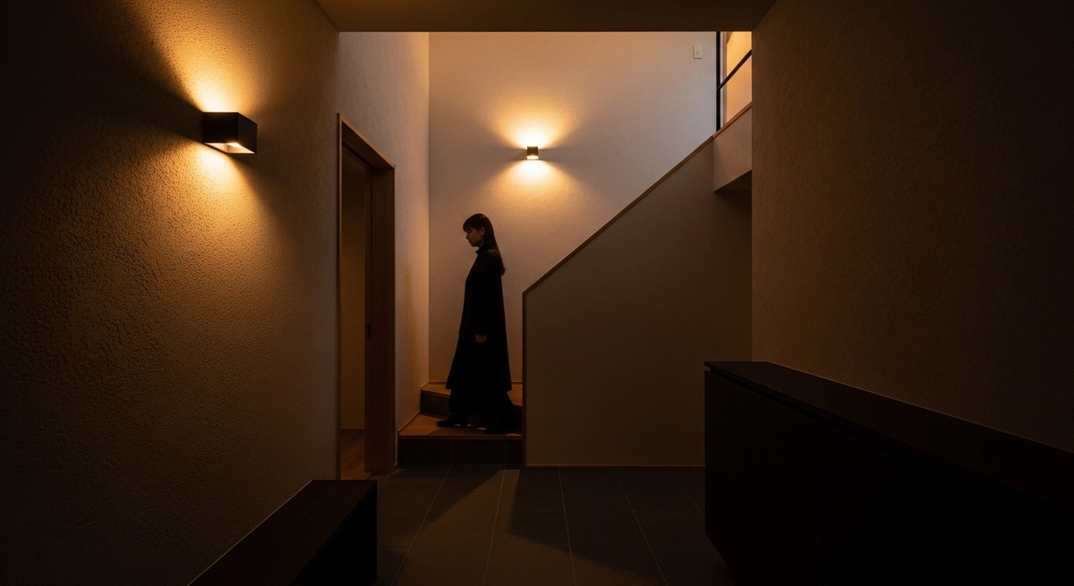 光が上に逃げると入口の印象が弱くなる