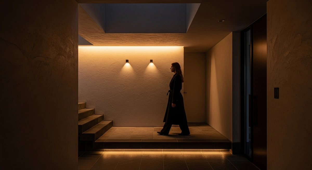 高さのある玄関は器具選びより光の重心設計が先