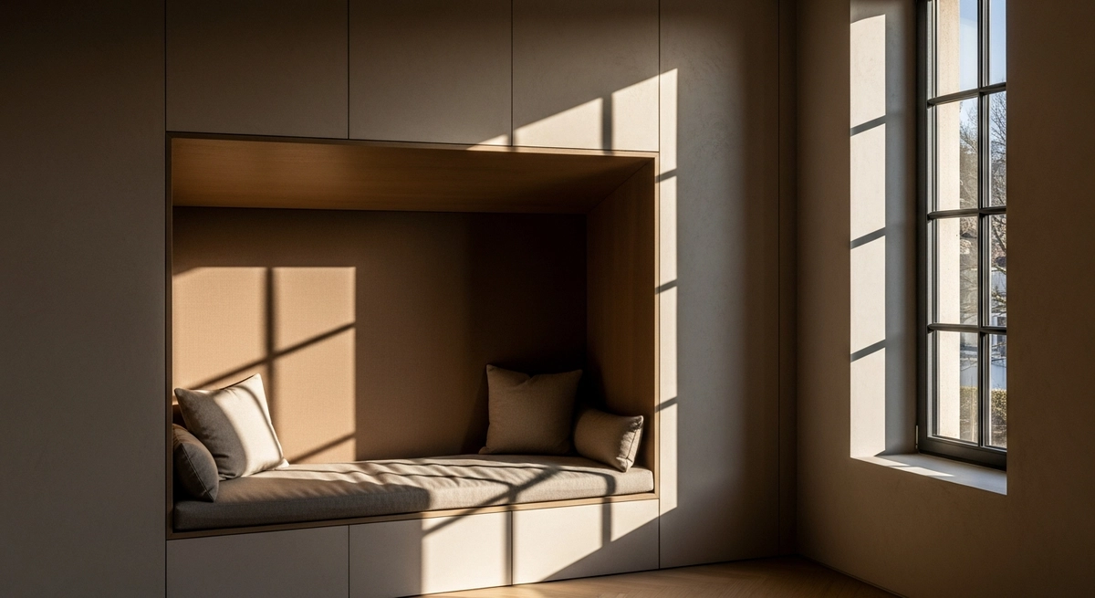 広い空間の中に切り取られたヌック — 周囲は高天井、ヌック内のみ低く絞った対比