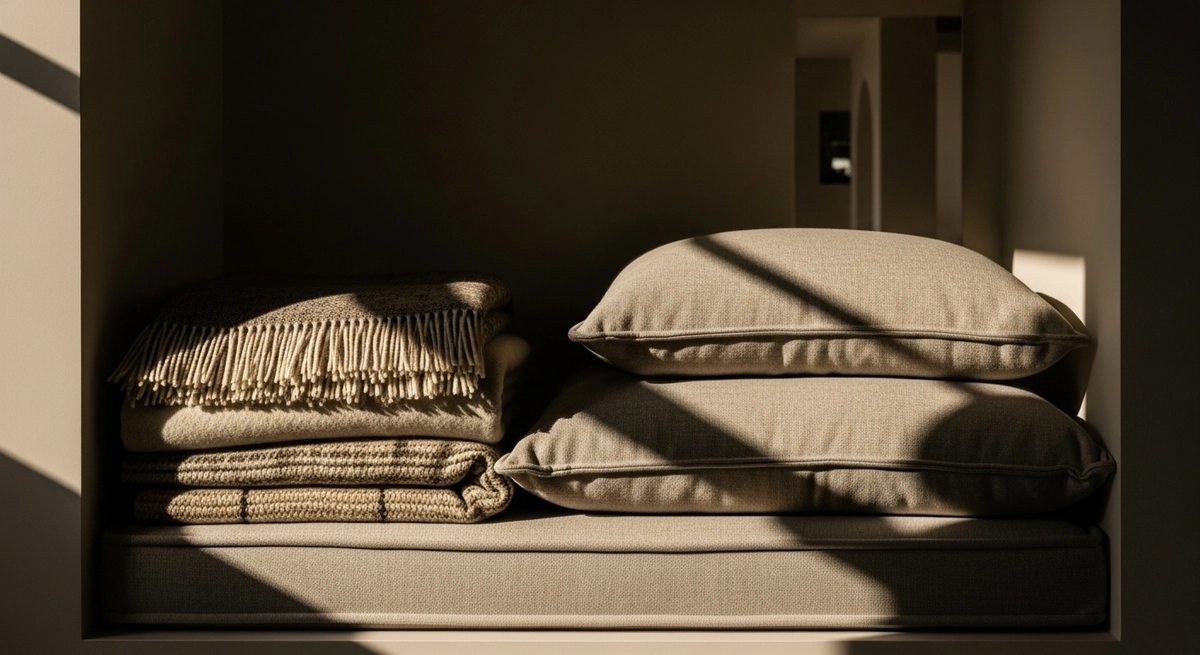 クッションとブランケットの重ね方 — ゆとりある欧米邸宅ヌックでの布ものの構成