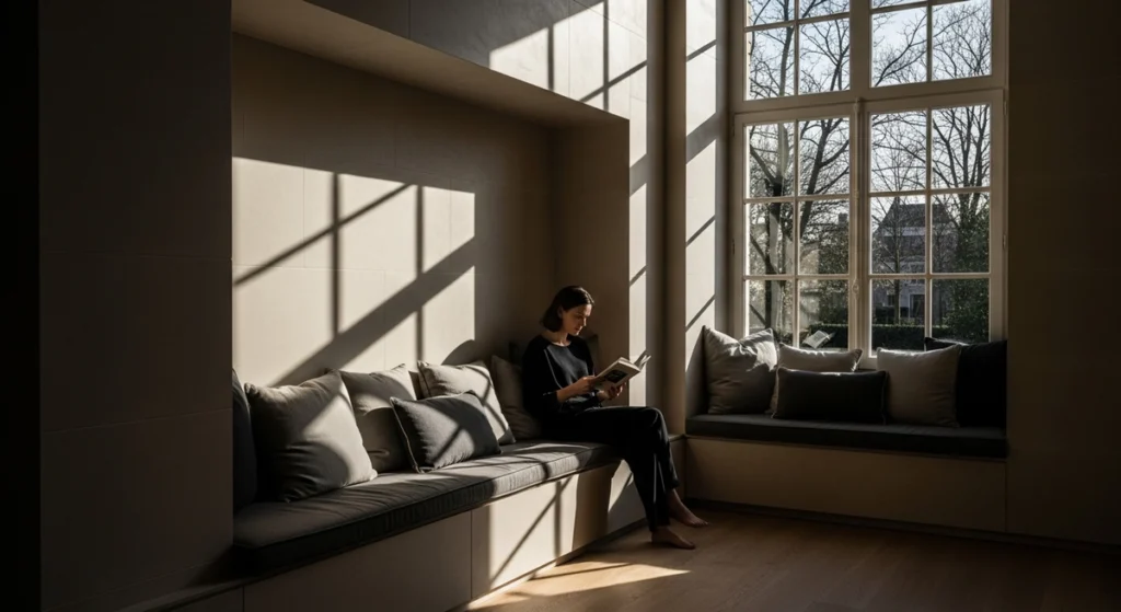 欧米邸宅の広々とした空間に建築として組み込まれたヌック — 窓辺の読書席