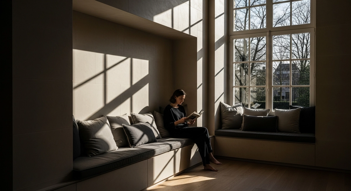 欧米邸宅の広々とした空間に建築として組み込まれたヌック — 窓辺の読書席