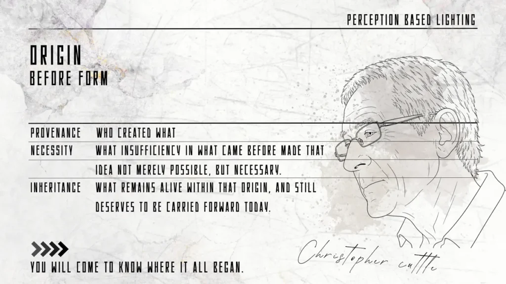 Christopher Cuttle の線画肖像と「ORIGIN — BEFORE FORM」「PERCEPTION BASED LIGHTING」のタイポグラフィを配した modernova ORIGIN 記事アイキャッチ（PROVENANCE / NECESSITY / INHERITANCE 3 軸定義付き）