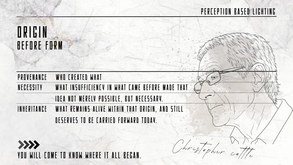 Christopher Cuttle の線画肖像と「ORIGIN — BEFORE FORM」「PERCEPTION BASED LIGHTING」のタイポグラフィを配した modernova ORIGIN 記事アイキャッチ（PROVENANCE / NECESSITY / INHERITANCE 3 軸定義付き）