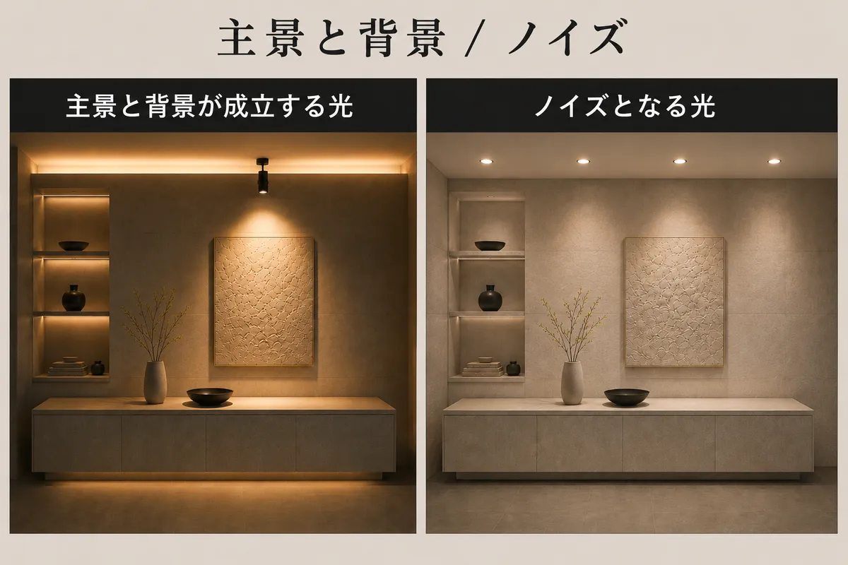 光の置き方で同じ空間が変わる ─ 左 panel「主景と背景が機能する光」（絵画スポット + コーブ照明 + 壁面ウォッシュ + 棚ラインライト）と、右 panel「ノイズとなる光」（ダウンライト均等・同空間が均質に照らされた状態）。視線の着地点の有無を一目で対比した modernova 比較図
