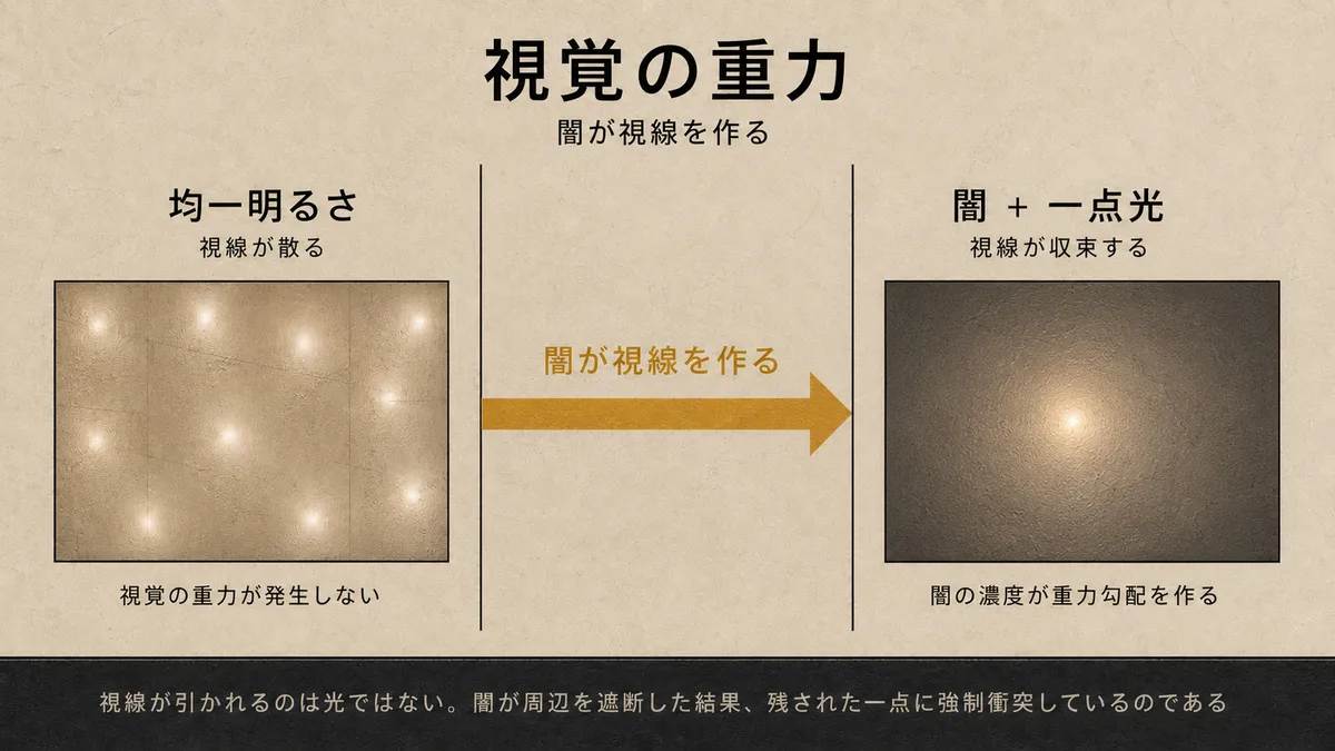左 zone「均一明るさ・視線が散る」と右 zone「闇 + 一点光・視線が収束する」の非対称対比、中央 honey ochre 矢印「闇が視線を作る」で視覚の重力の主体が光ではなく闇であることを示した modernova 認識転換図
