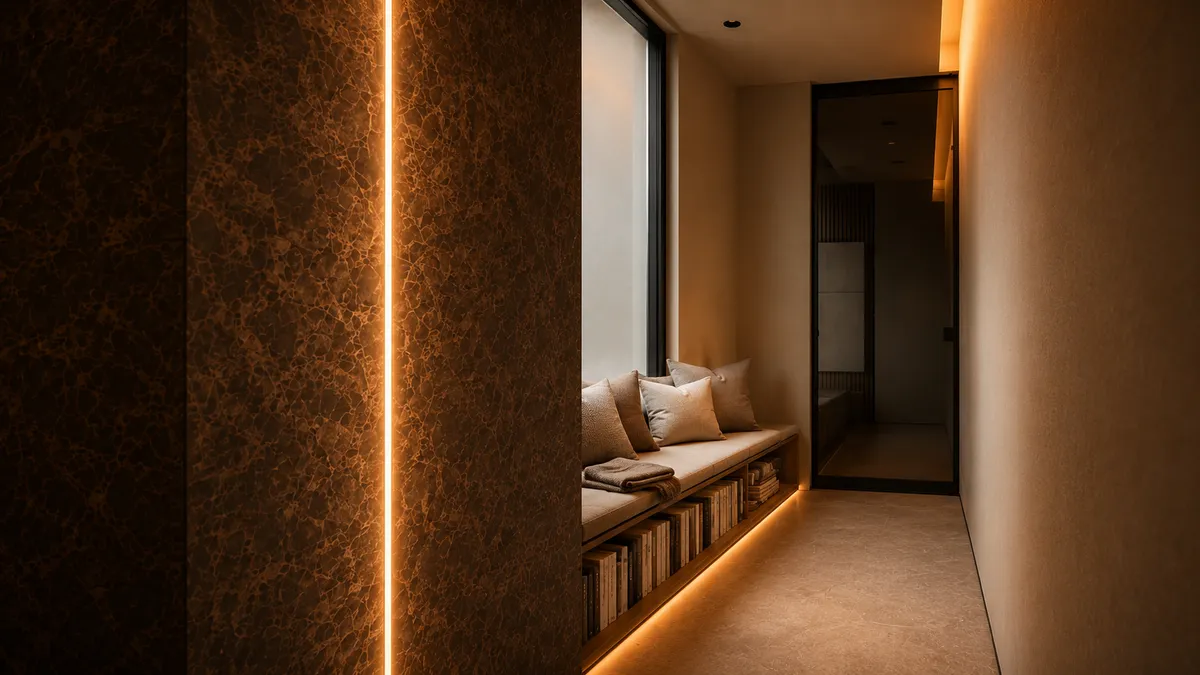 自邸 Entryway の Laminam Emperador 壁面と、内側スラブ狭間から漏れる垂直ラインライト。床から天井まで貼られた闇の塊と、その狭間に細い光 ─ 視覚の重力を起動するための装置