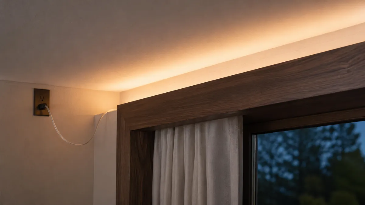 窓上のカーテンボックスにコンセント給電のLEDテープを置き、壁と天井を暖色で照らす可逆的な後付け。配線は控えめに回す