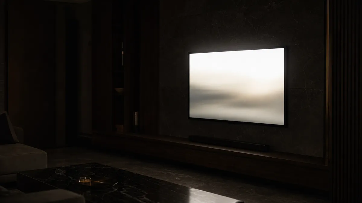 暗い部屋で明るいテレビ画面だけが強く浮かび、明暗差が大きい状態