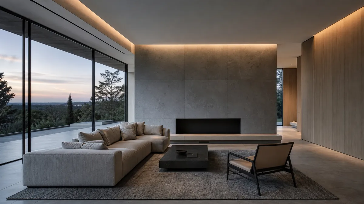 グレーの石を張ったフィーチャーウォールと折り上げ天井のコーブ照明がやわらかく灯る、クールモダンなリビング
