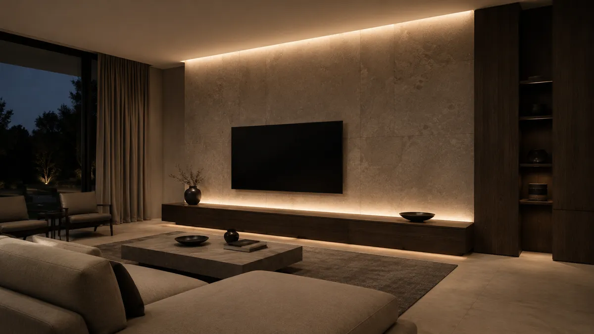 グレージュの石を張ったフィーチャーウォールに黒いテレビを納め、天井のコーニスと家具の裏から暖色の間接光が灯る、余白と陰影で見せるホテルライクなモダンリビング