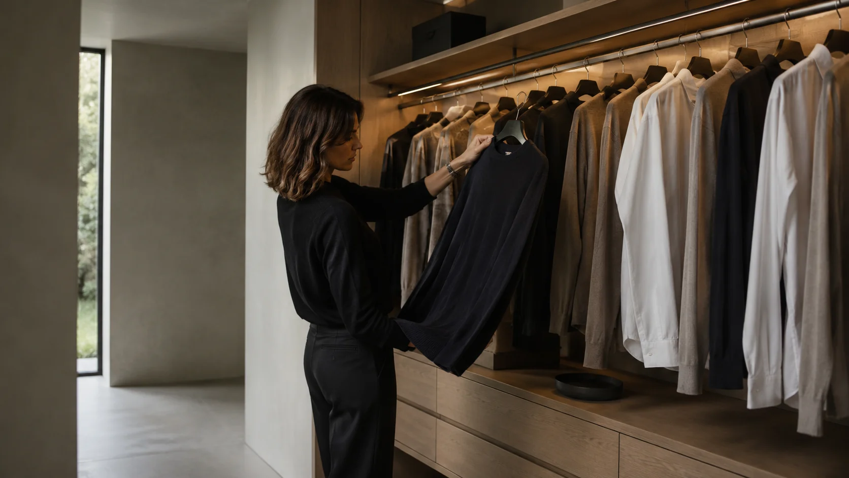 ウォークインクローゼットで服を選ぶ女性。手前から流れる間接光が服の前面を照らし、服の色が読み取りやすい昼の収納