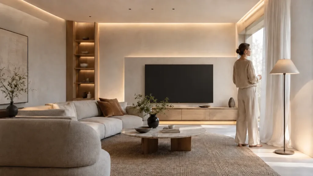 明るい昼のベージュ基調のリビングで、メディアウォールの壁掛けテレビ周囲や壁面にやわらかな間接照明が広がり、ライトベージュ姿の女性が窓辺にたたずむインテリアシーン