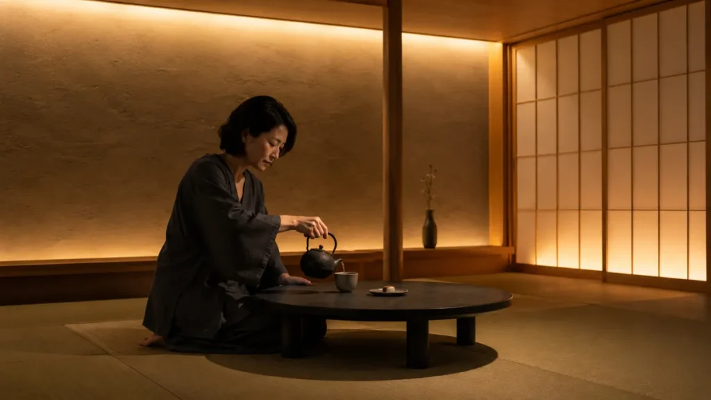 夕方の和室で、女性が低い座卓で茶を淹れ、壁際に隠した暖色の間接光が珪藻土の壁と障子をやわらかく照らす、低い視線の静かな空間