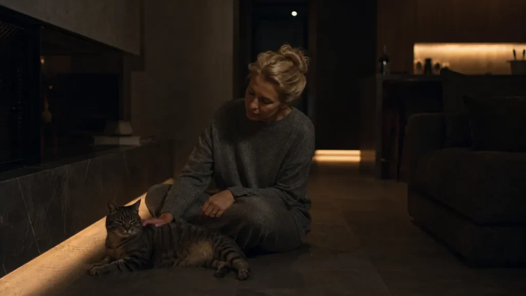 夜の低照度のリビングで、床に座った女性が穏やかな猫をそっと撫で、巾木裏とコーブの低い暖色の間接光がまぶしさなく人と猫を包むムーディな空間