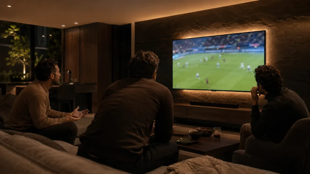 テレビ裏の暖色バイアスライトに照らされたメディアウォールで、海外の友人たちがサッカー中継を囲む夜のリビング。画面まわりの明暗差をやわらげた見やすい視聴環境