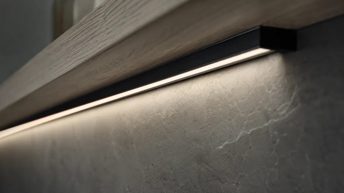 棚の奥に隠したライン照明が、LEDの粒を見せず一本の連続した抑えたアクセント光として面を照らす、派手にしないRGBの使い方のマクロ