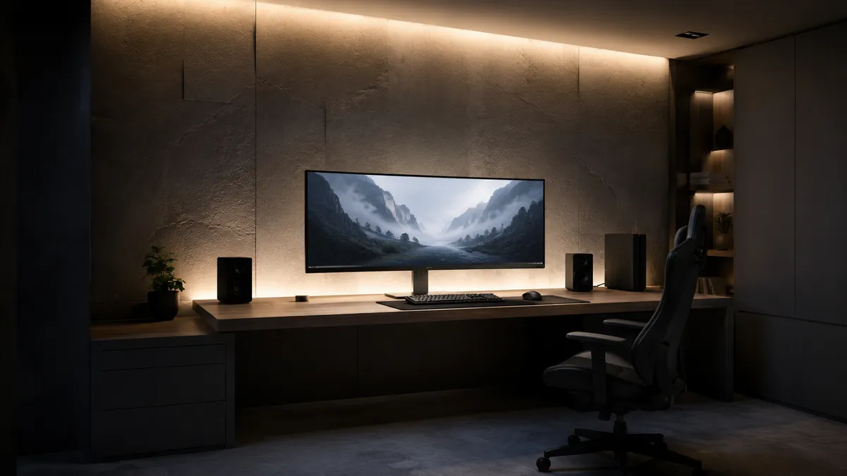 暗い部屋で明るいモニター画面が浮きすぎないよう、背後の壁を間接光がやわらかく持ち上げ、画面と部屋の明暗差をやわらげた無人のデスク