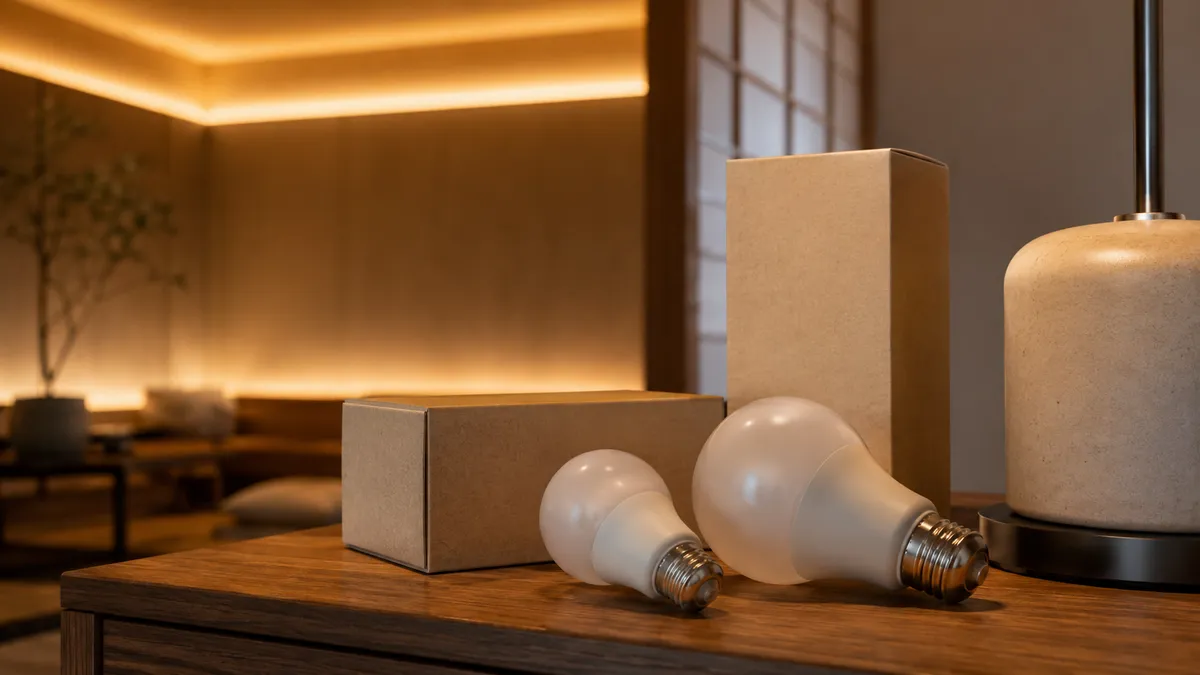 ワット数表記のあるLED電球と外箱を置いた木のテーブル