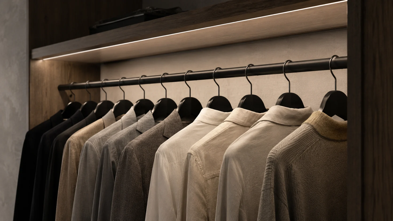 ハンガーパイプ上の前側から光を流し、服が自分の影に入らないようにした収納のディテール