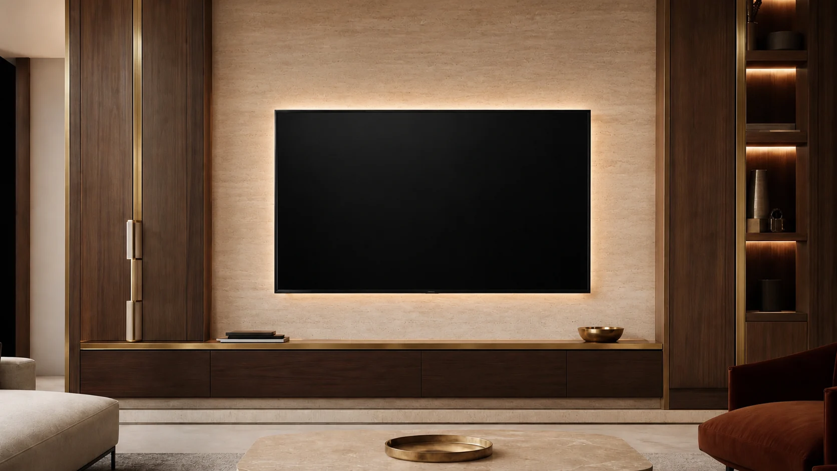 テレビ背面のバイアスライトで画面のまぶしさをやわらげたメディアウォール
