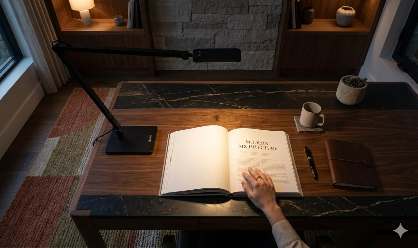 独立したミニマルなアーム式デスクランプが、グレアを抑えて本の面だけを照らす読書の手元灯