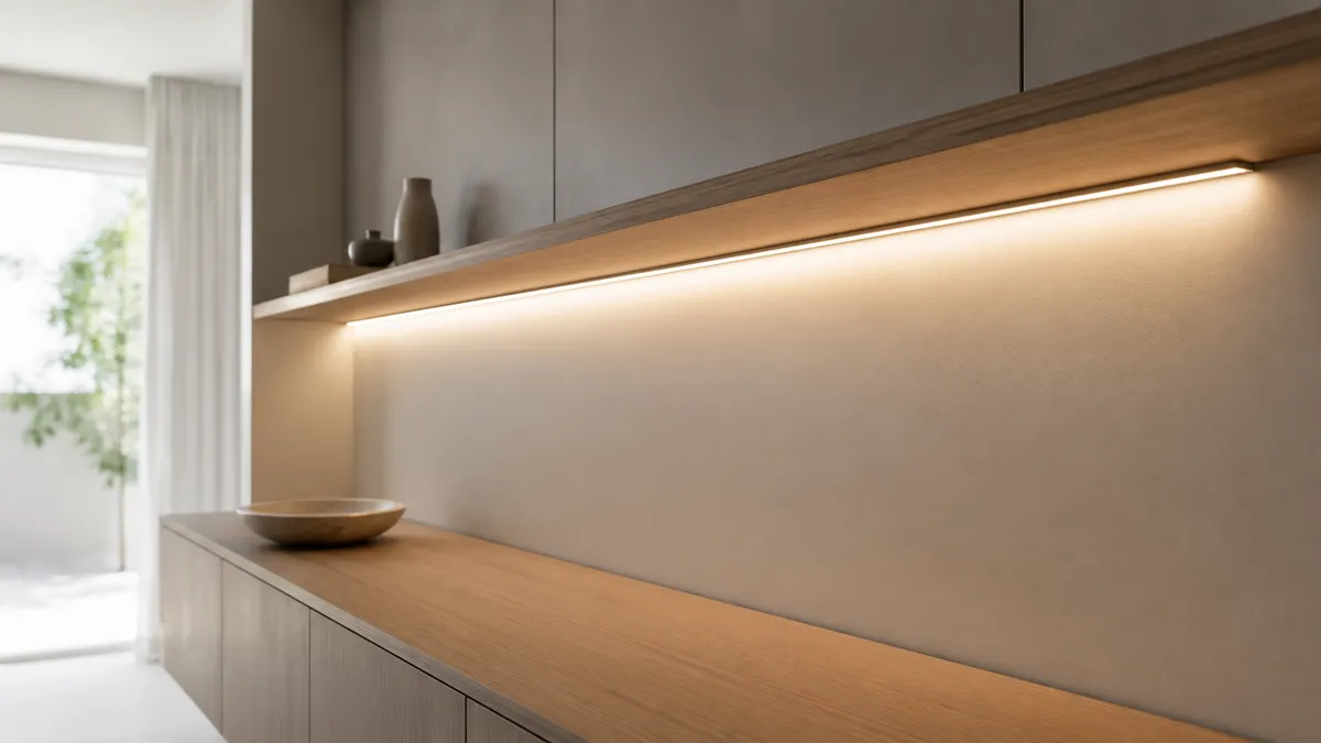 棚下にL型アングルで光源を薄く目隠しし、LEDの粒を見せず一本の光のラインにした間接照明の例